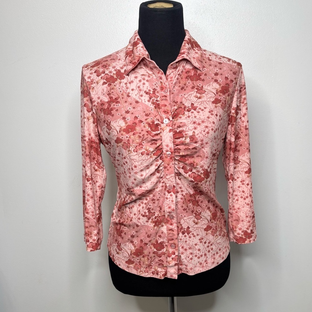 No Boundaries Stretch Pink Floral Button Front Top Juniors L (11/13) Ruched Y2K